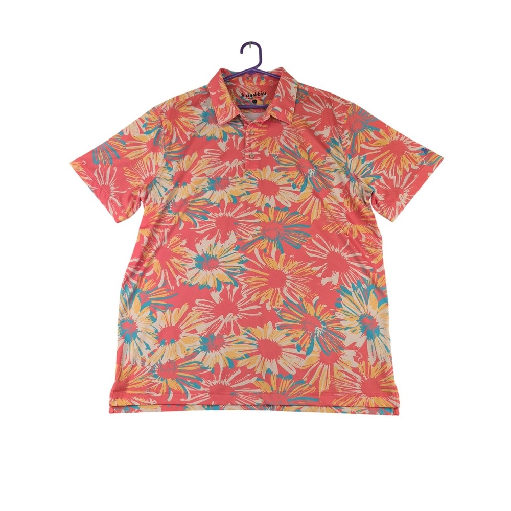 Chubbies Mens XL Pink Coral Floral Performance‎ Polo Shirt Golf The Weekend